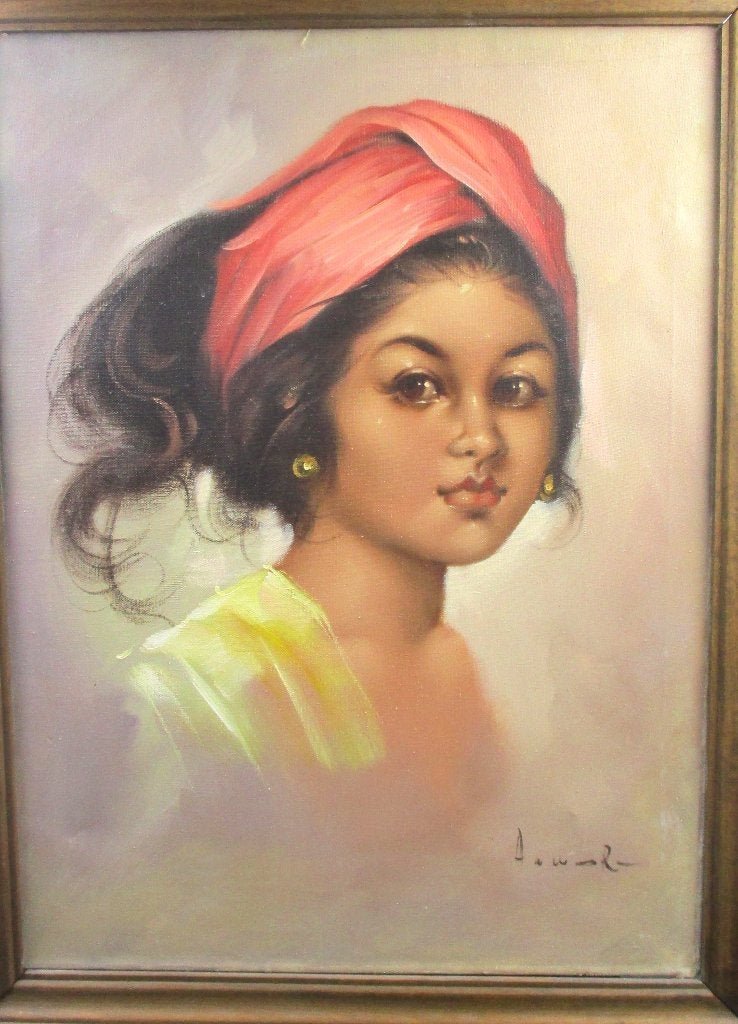 Schilderij Balinese jonge vrouw Indonesisch jaren 60 a 70, Antiek en Kunst, Kunst | Schilderijen | Klassiek, Ophalen of Verzenden