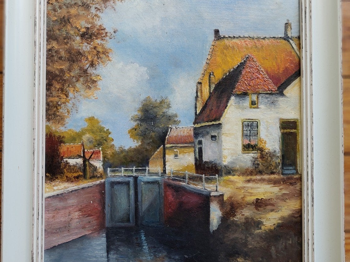 Olieverfschilderij van huisje met sluis, Doek, Realistisch, Origineel werk, Ophalen of Verzenden