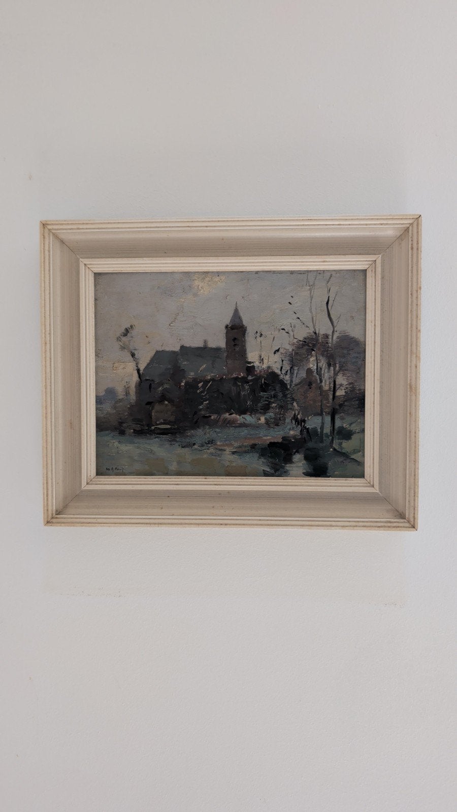 Schilderij W.A. Knip - Dorpsgezicht met kerk, Ophalen of Verzenden