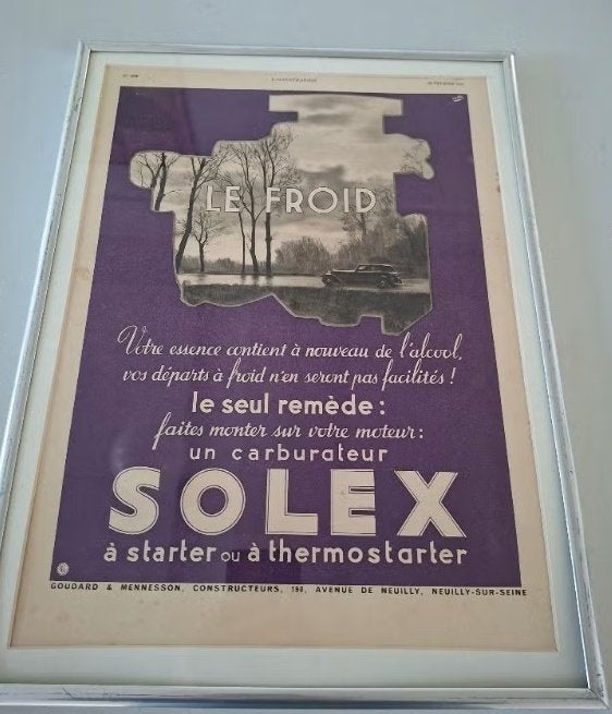vintage ingelijste reclame Solex carburateur jaren 30, Ophalen of Verzenden, Gebruikt, Auto's