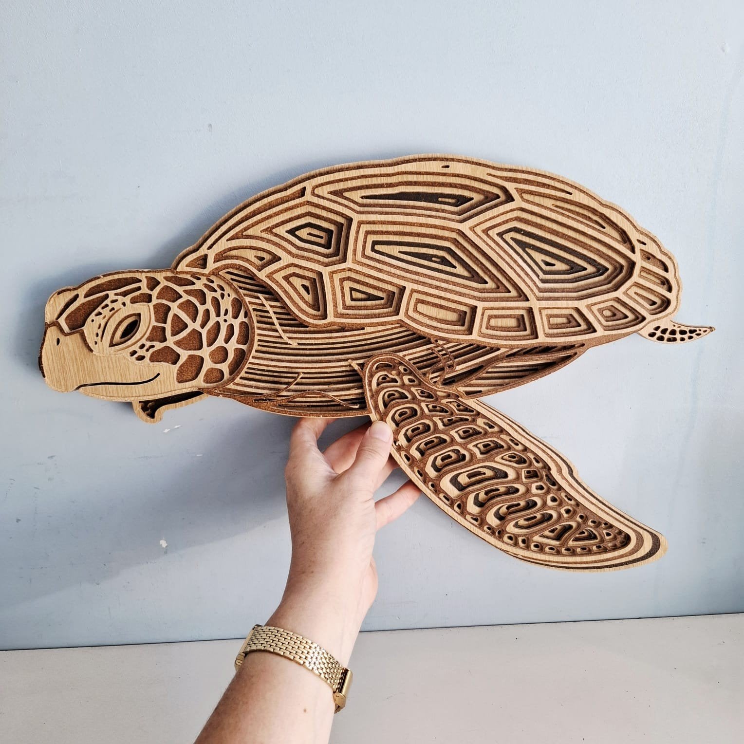 Prachtige 3D houten Schildpad wanddecoratie, Huis en Inrichting, Wandsculptuur, 28 cm, Hout, Ophalen of Verzenden
