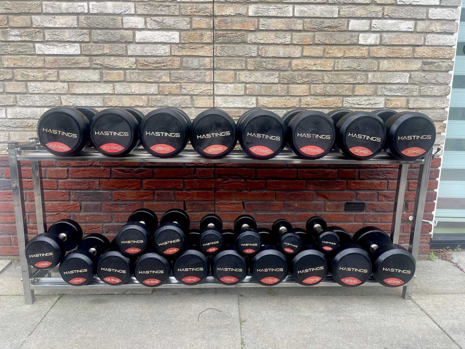 Complete Hastings Dumbbellset 2,5 kg t/m 30 kg met rek, Ophalen, Zo goed als nieuw, Armen, Dumbbell