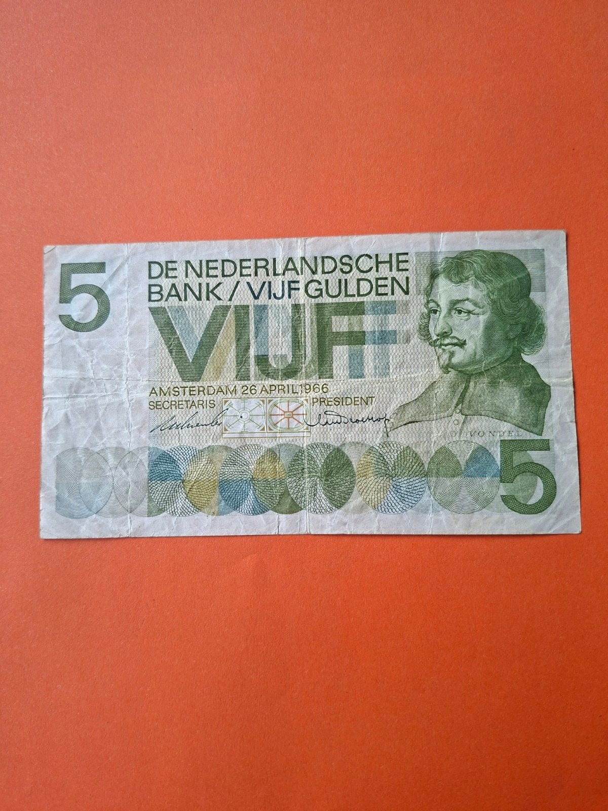 5 gulden Vondel I 1966 in ZF
Serie nummer 4 FG 025260
PL 23-, Ophalen of Verzenden, 5 gulden, Los biljet