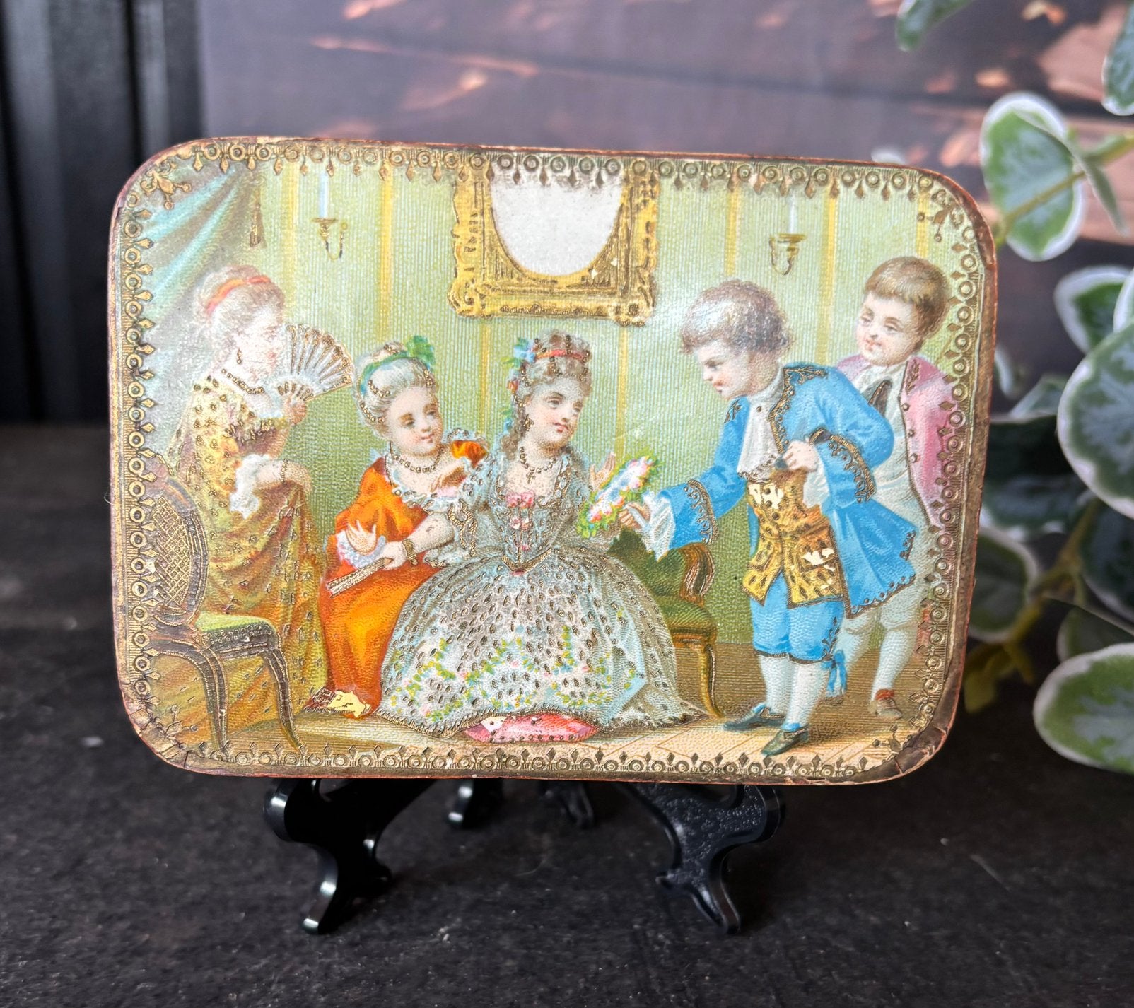Antiek papier-maché (bewaar)doosje 11x8cm Rococo-scène., Antiek en Kunst, Ophalen of Verzenden