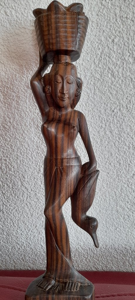 Balinese Dame met Korf en Eend - Coromandelhout - 33 cm, Antiek en Kunst, Houtsnijwerk, Verzenden, Handgemaakt, 20 - 50 cm