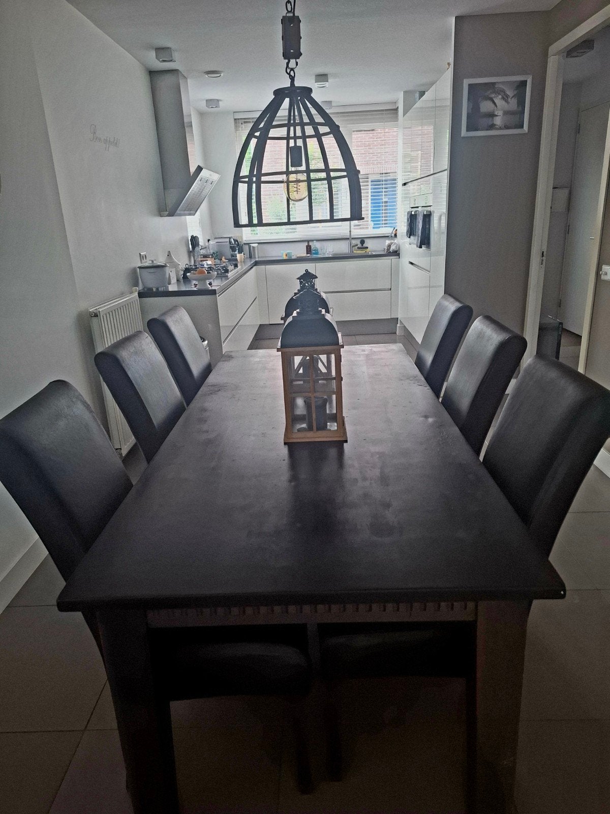 Eettafel (210x95) met 6 bruin leren stoelen, Ophalen