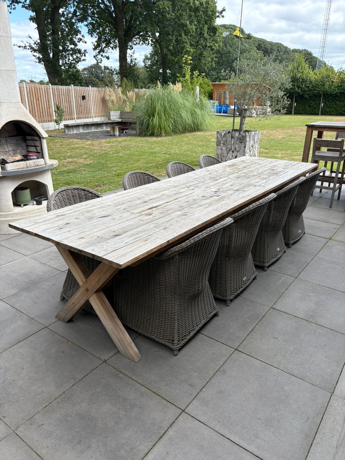 300cm Teakhouten tuintafel met 8 stoelen, Ophalen, Gebruikt, Rechthoekig, Teakhout