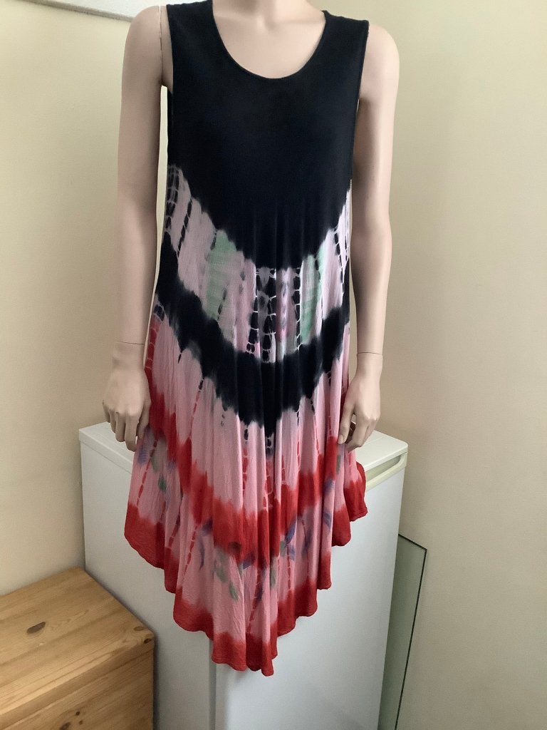 Zomerjurk A-lijn, rood/roze/zwart, maat 44/46, Meerkleurig, Maat 46/48 (XL) of groter, Ophalen of Verzenden, Gedragen