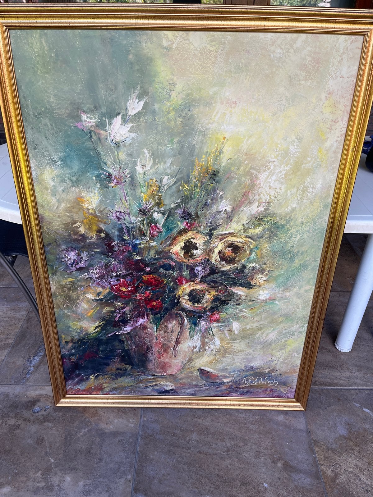 Schilderij P. van Wersch - Bloemen (95x130 cm), Ophalen of Verzenden, Bloemen, Textiel, Gesigneerd