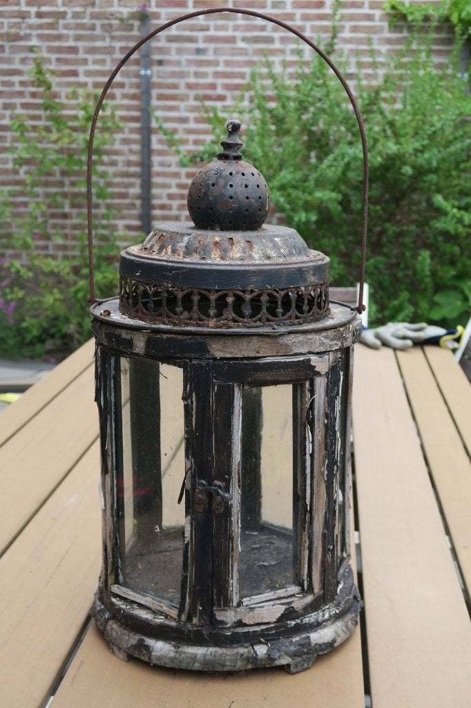 Oude houten kandelaar lamp met glas voor kaars (opknapper), Ophalen of Verzenden