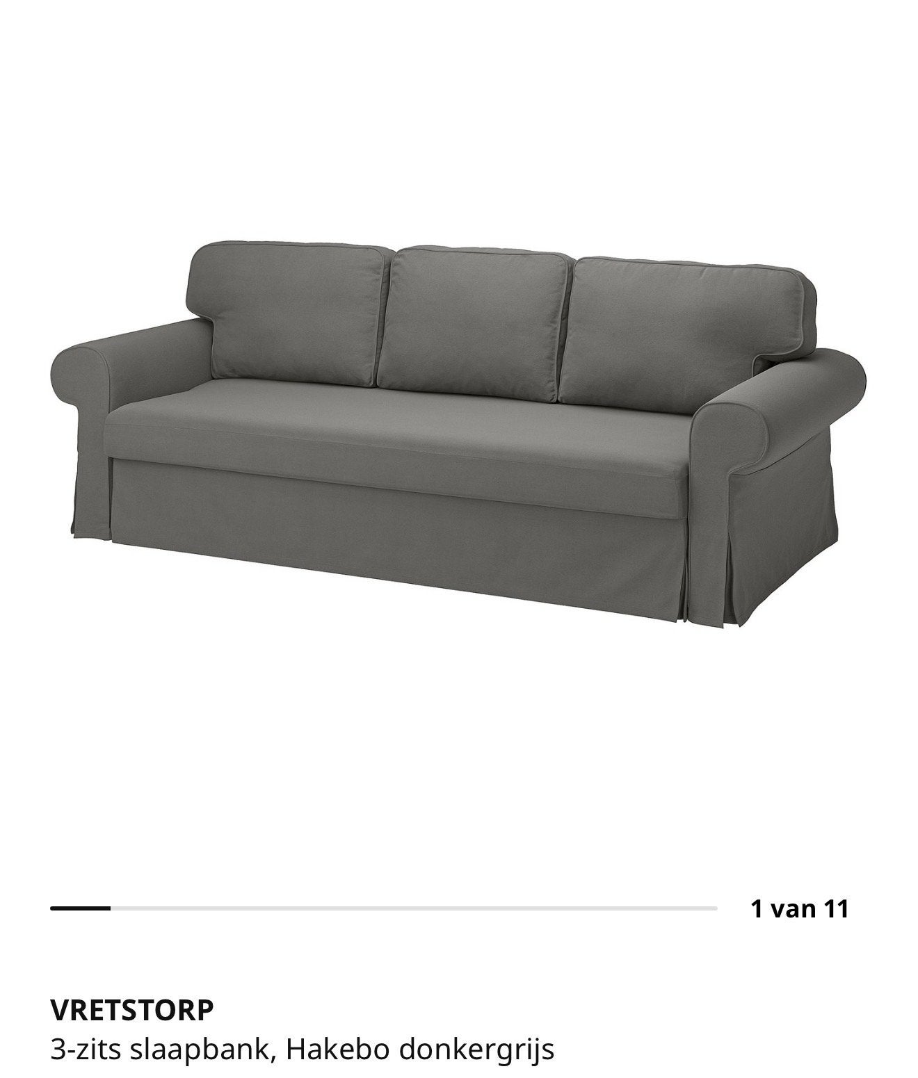 Ikea Vretstorp 3-zits slaapbank Hakebo donkergrijs, Ophalen, Tweepersoons, Zo goed als nieuw, Overige maten