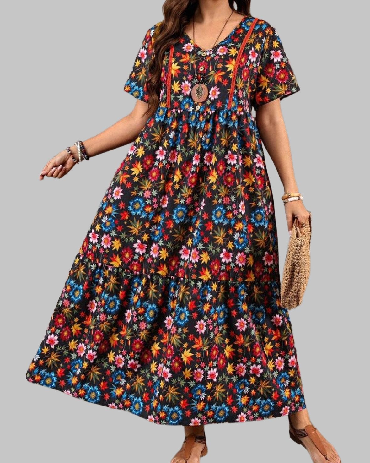 Zomerse Maxi Jurk met Bloemenprint (46-54), Kleding | Dames, Verzenden, Nieuw, Zwart, Jurk