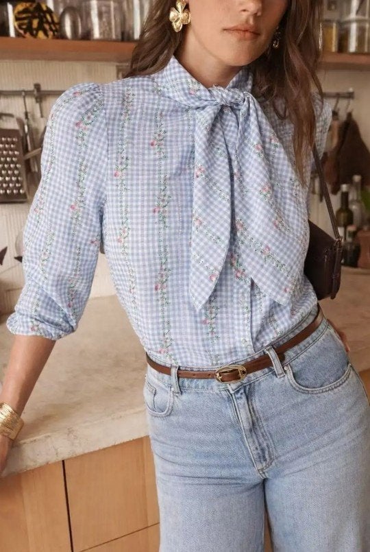 Blouse geblokt blauw wit bloemen bb ruit vichy maat M, Maat 38/40 (M), Blauw, Nieuw, Ophalen of Verzenden