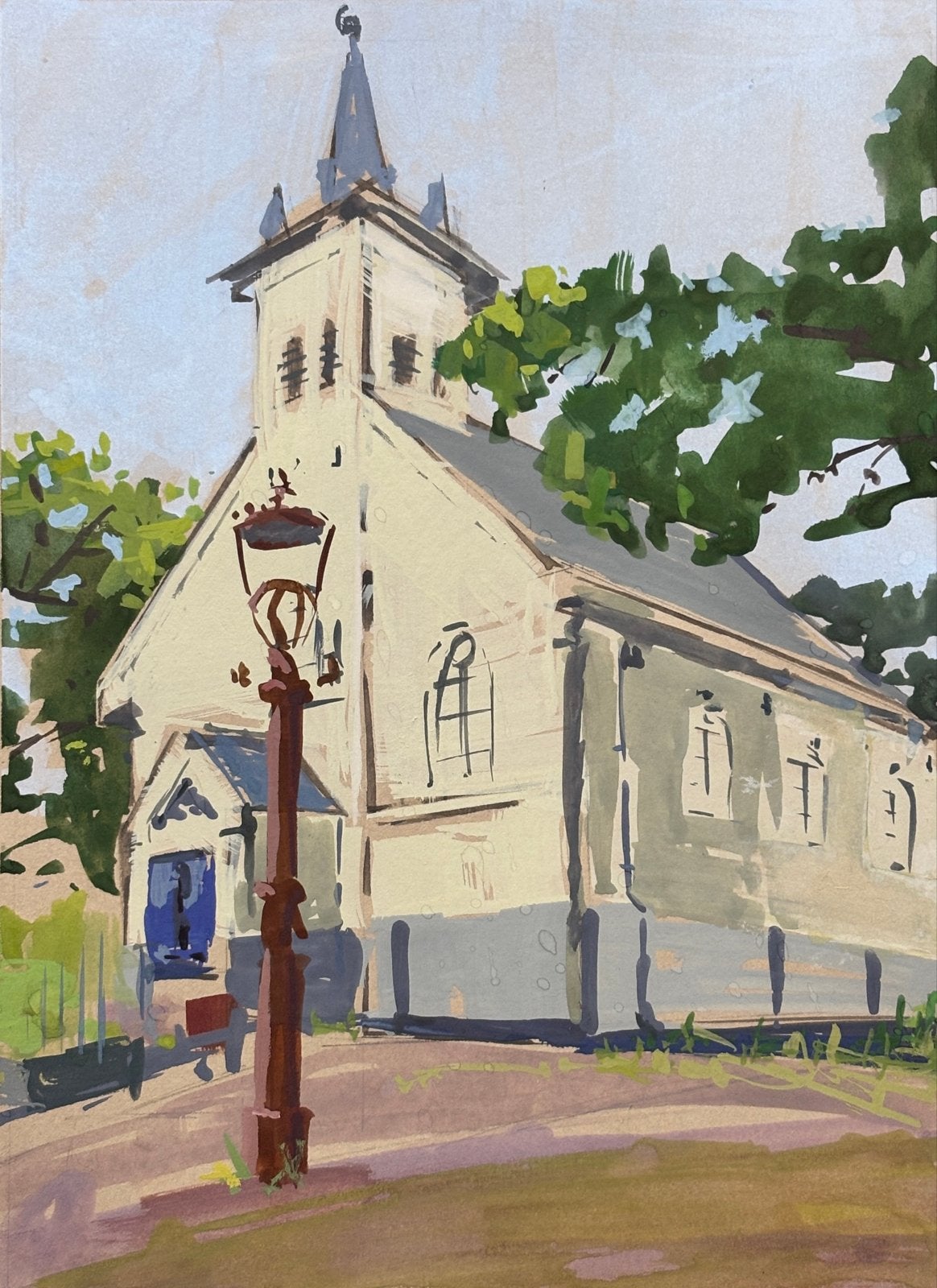 Originele gouache Schellingwouderkerk (Amsterdam), ingelijst, Ophalen, Gouache, Realistisch, Handgeschilderd