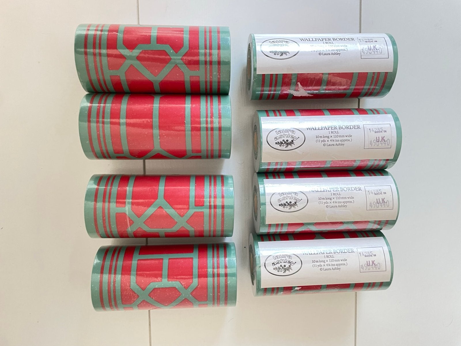 8 Laura Ashley Vintage Behangrand rollen Rood Groen, Ophalen of Verzenden, 75 m² of meer, Groen, Landelijk