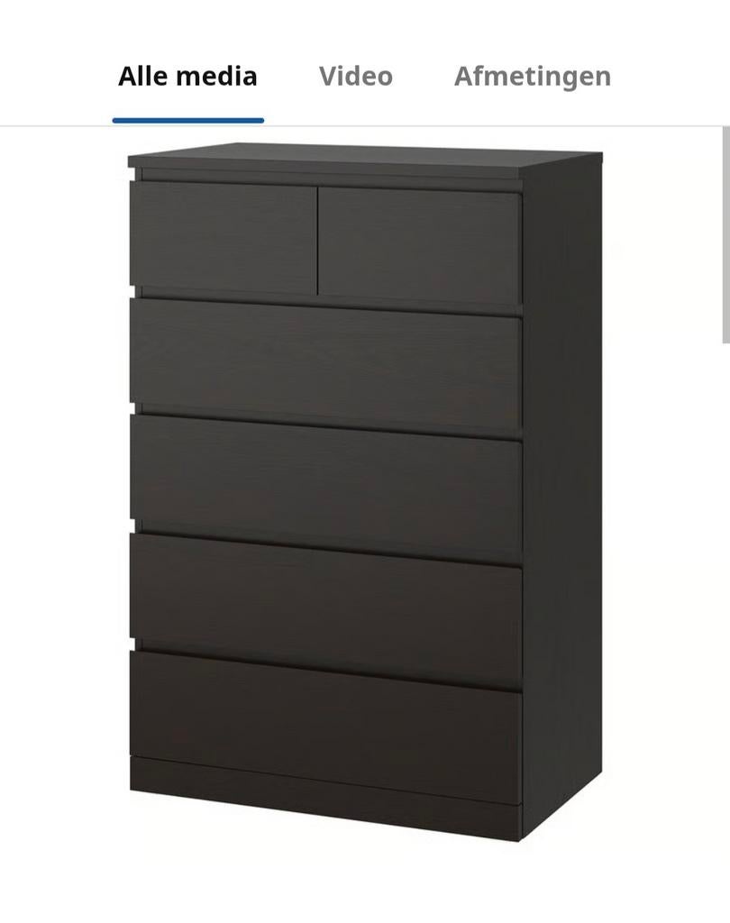 Ikea Malm ladekast met 6 lades, zwartbruin, Huis en Inrichting, Kasten | Ladekasten, Gebruikt, 5 laden of meer, 100 tot 150 cm
