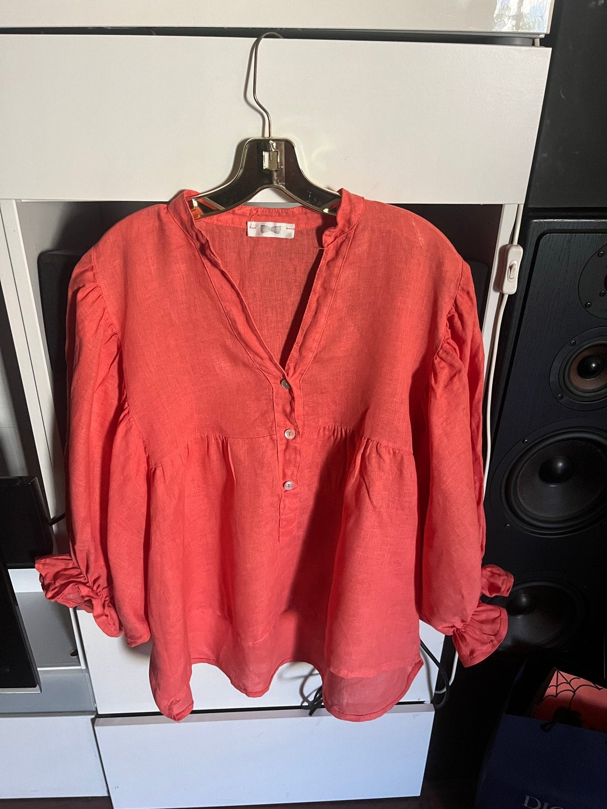 Linnen blouse koraalrood, maat L, 100% linnen, Ophalen of Verzenden, Zo goed als nieuw, Maat 42/44 (L), Rood