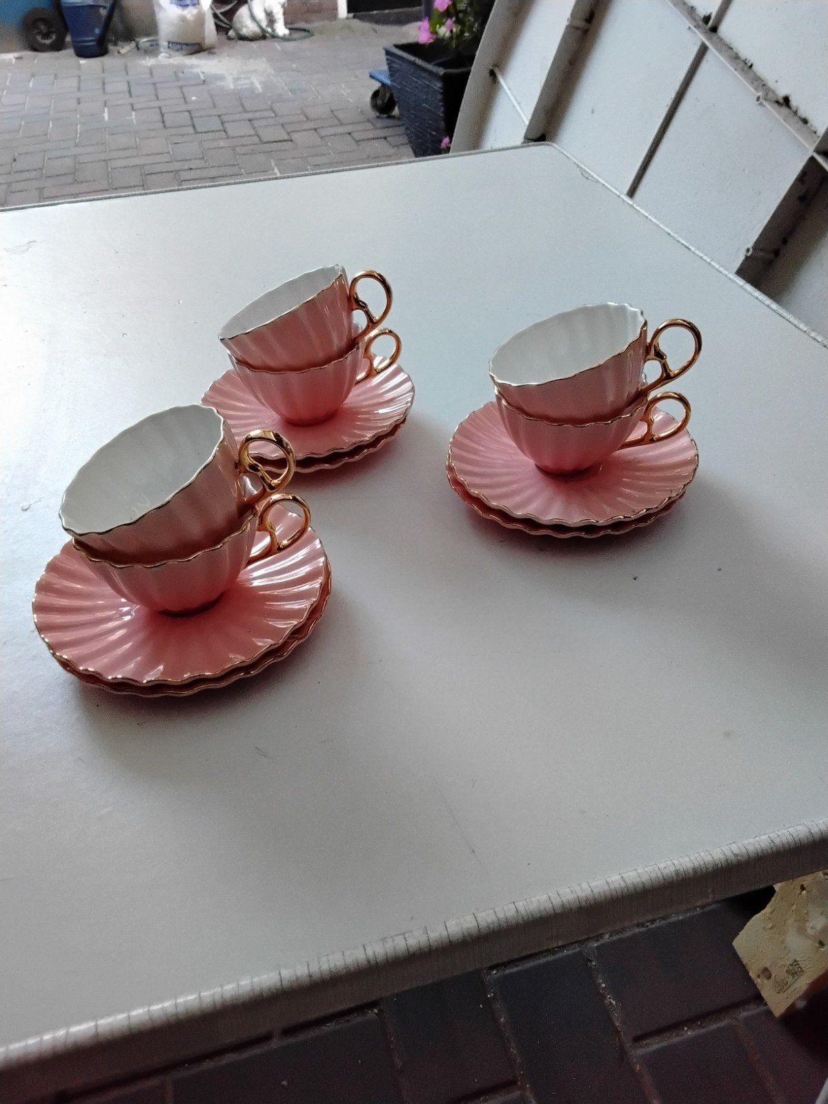 Karaca Roze Koffiekopjes met Schotels - Bone Collection, Ophalen, Overige merken, Zo goed als nieuw, Modern