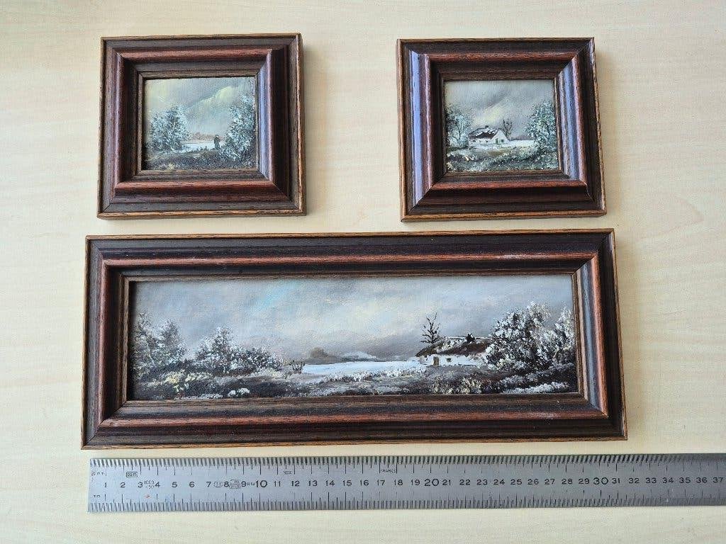 Drie kleine olieverf schilderijtjes, Ingelijst, Doek, Ophalen of Verzenden, Landschap