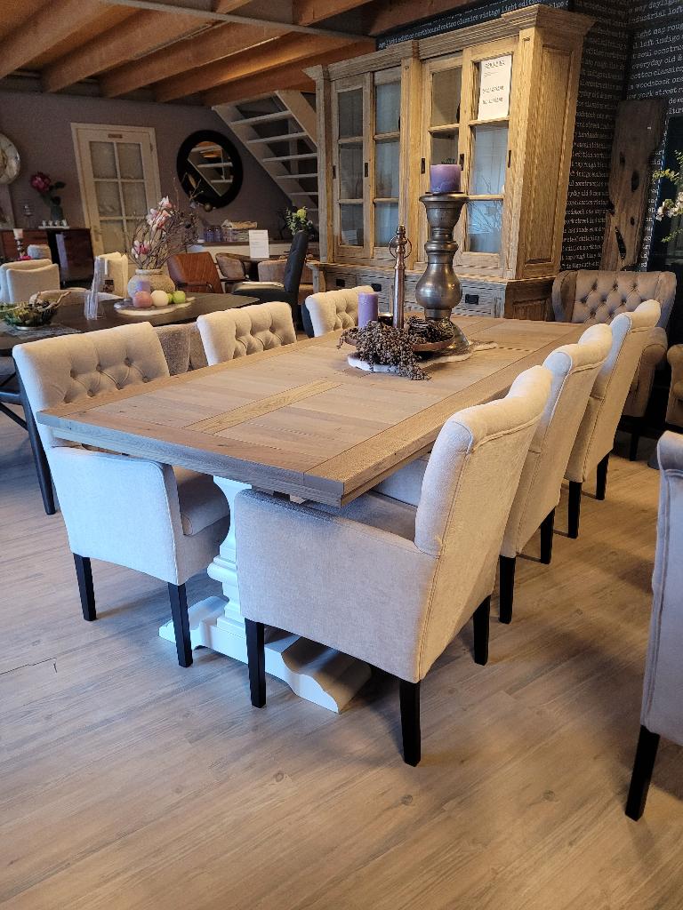*VOORRAAD* 6 Landelijke Eetkamerstoel Bianca Stof Creme (1), Overige kleuren, Landelijke eetkamerstoelen capiton knoopjes stof liberty creme