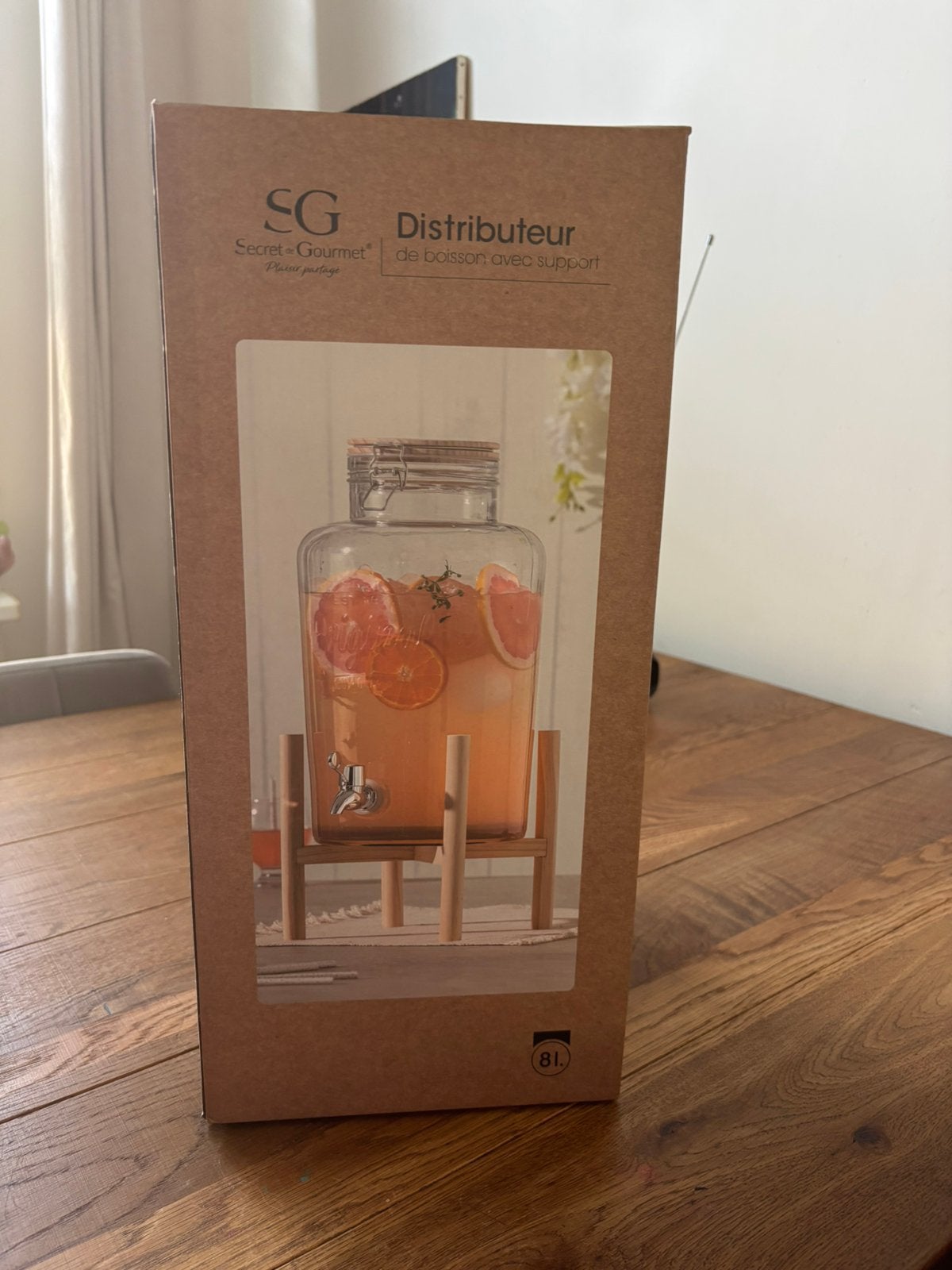 Nieuw in doos 8 liter drank dispenser op houten standaard, Nieuw, Ophalen of Verzenden, Overige merken, Glas