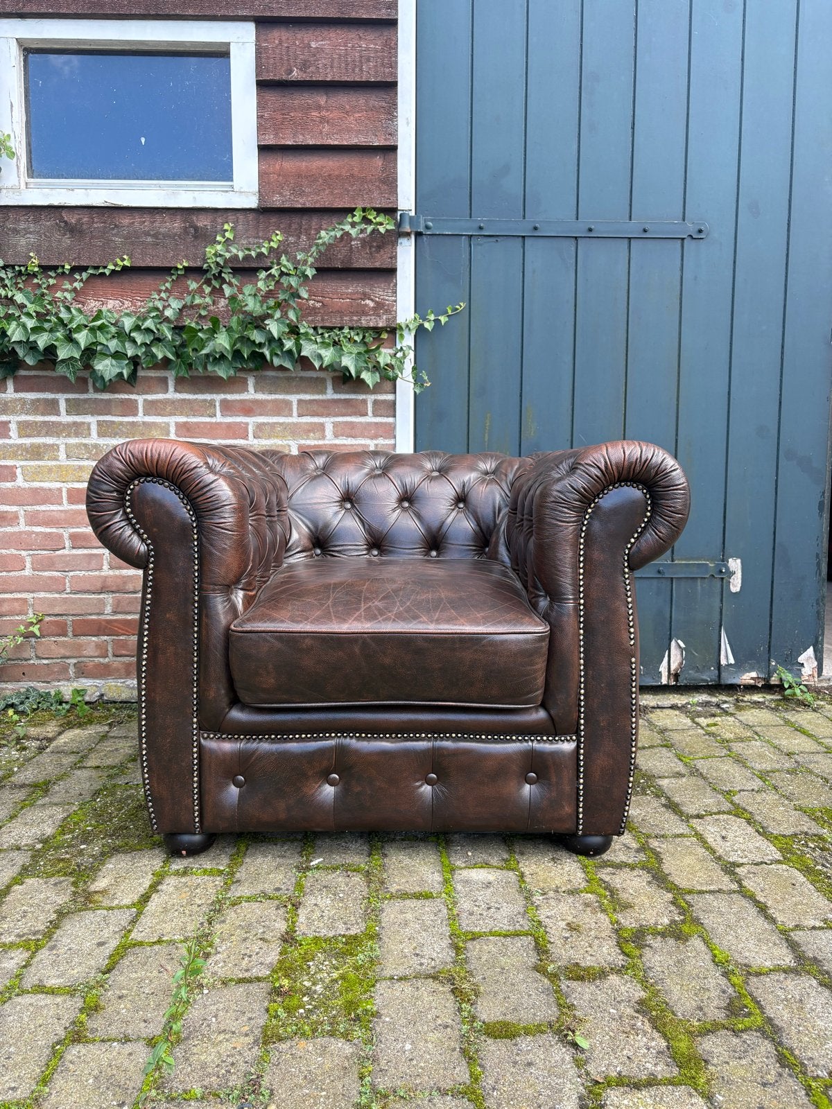Leren Chesterfield Fauteuil - Bruin, Huis en Inrichting, Fauteuils, Ophalen, Gebruikt, Leer, 100 tot 125 cm