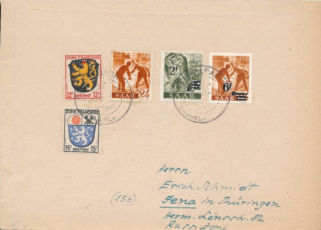 SAARLAND en FRANZ. ZONE. Mengfrankering 23.11.1947, Ophalen of Verzenden, BRD, Gestempeld