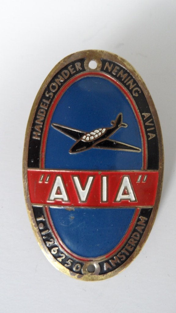 AVIA oldtimerrijwiel Amsterdam balhoofdplaatje, oude messing, Verzenden, Gebruikt, Gebruiksvoorwerp