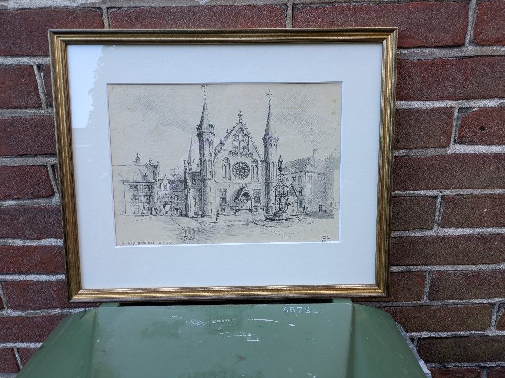Originele Pentekening Binnenhof Den Haag Lothar Wegner, Antiek en Kunst, Ophalen, Tekening, Pentekening, Achter glas