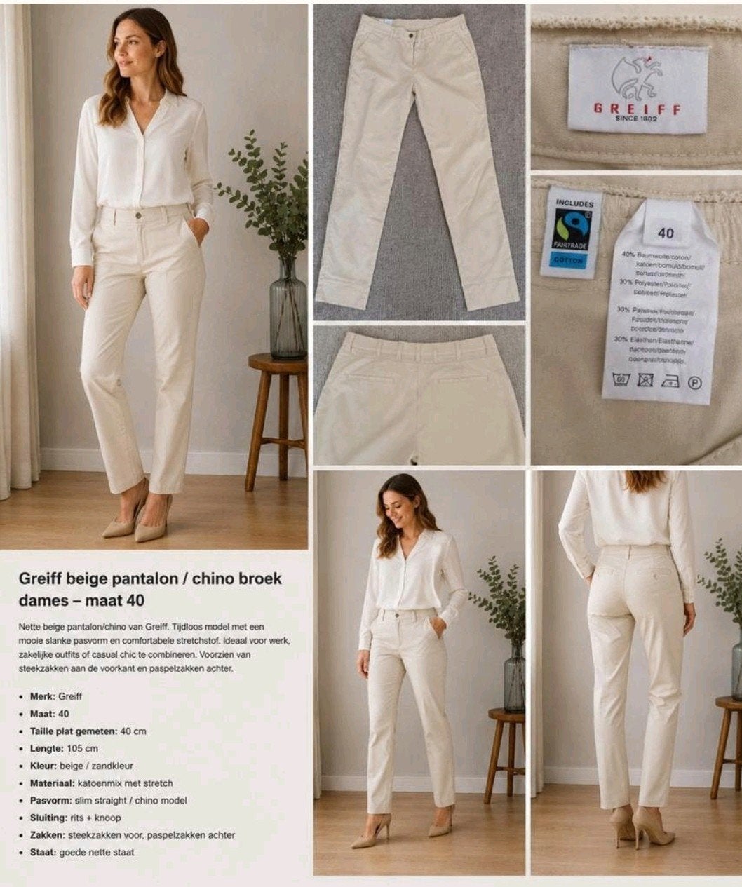 Greiff beige pantalon/chino maat 40 met stretch, Maat 38/40 (M), Beige, Greiff, Ophalen of Verzenden