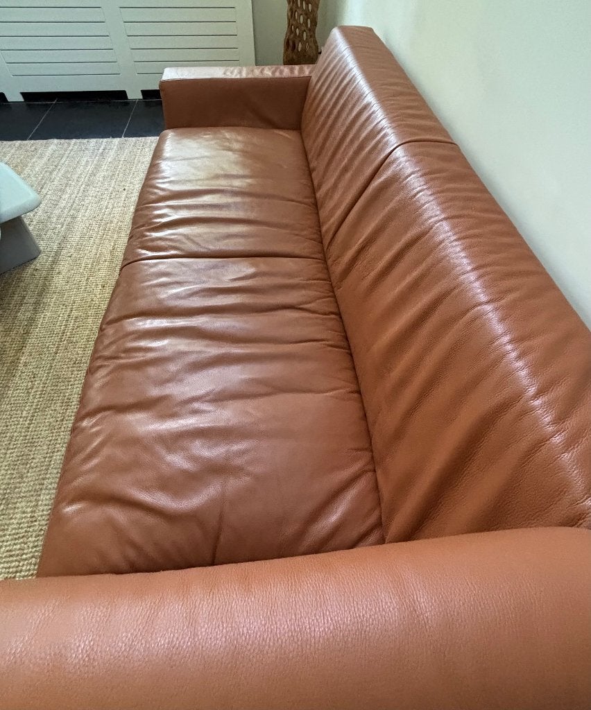 Leren zitbank, cognac kleur, Huis en Inrichting, Ophalen, Gebruikt, Minder dan 75 cm, Strak model
