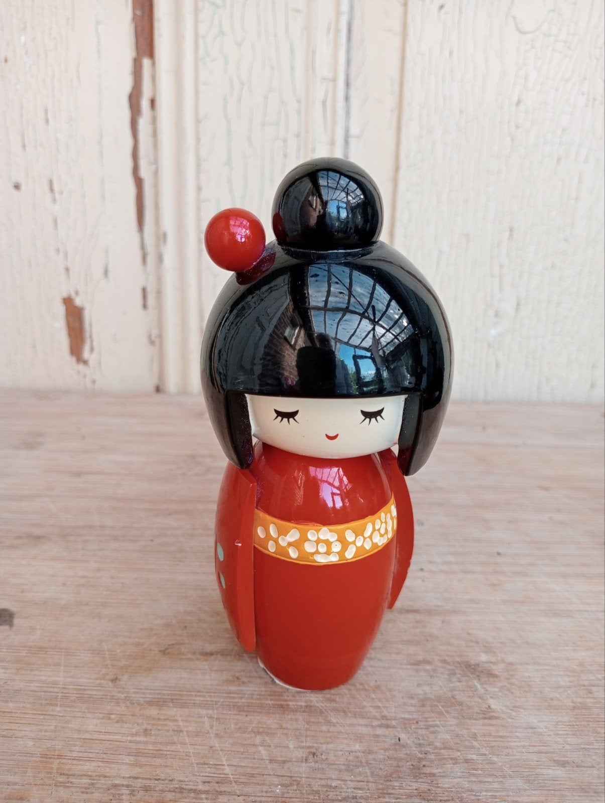 Vintage Japanse Kokeshi pop - Rood met bloemen, Verzamelen, Ophalen of Verzenden, Gebruikt