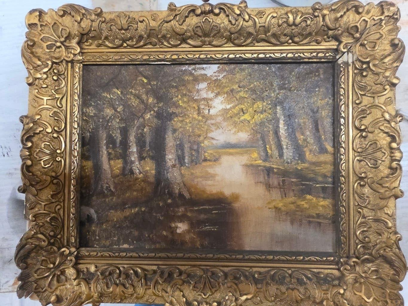 Olieverfschilderij Landschap met Gouden Baroklijst, Antiek en Kunst, Bijzondere lijst, Doek, Ophalen of Verzenden, Landschap
