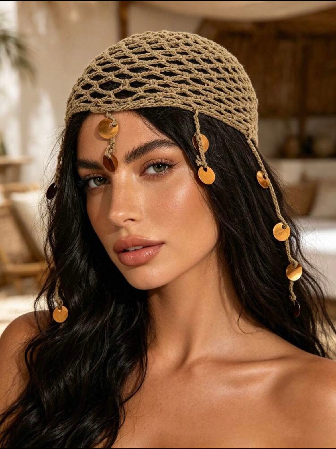 Gehaakte hoofdband met munten - Boho stijl, Ophalen of Verzenden, Nieuw, One size fits all, Hoed