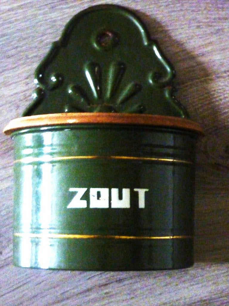 Emaille zoutpot donkergroen (olijf) zgan, Ophalen of Verzenden