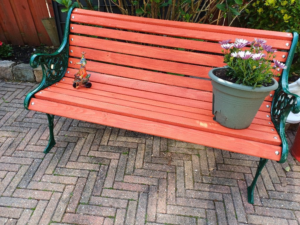 Tuinbank met antieke gietijzeren leuningen met leeuwenkopjes, Ophalen, Gebruikt, Overige materialen