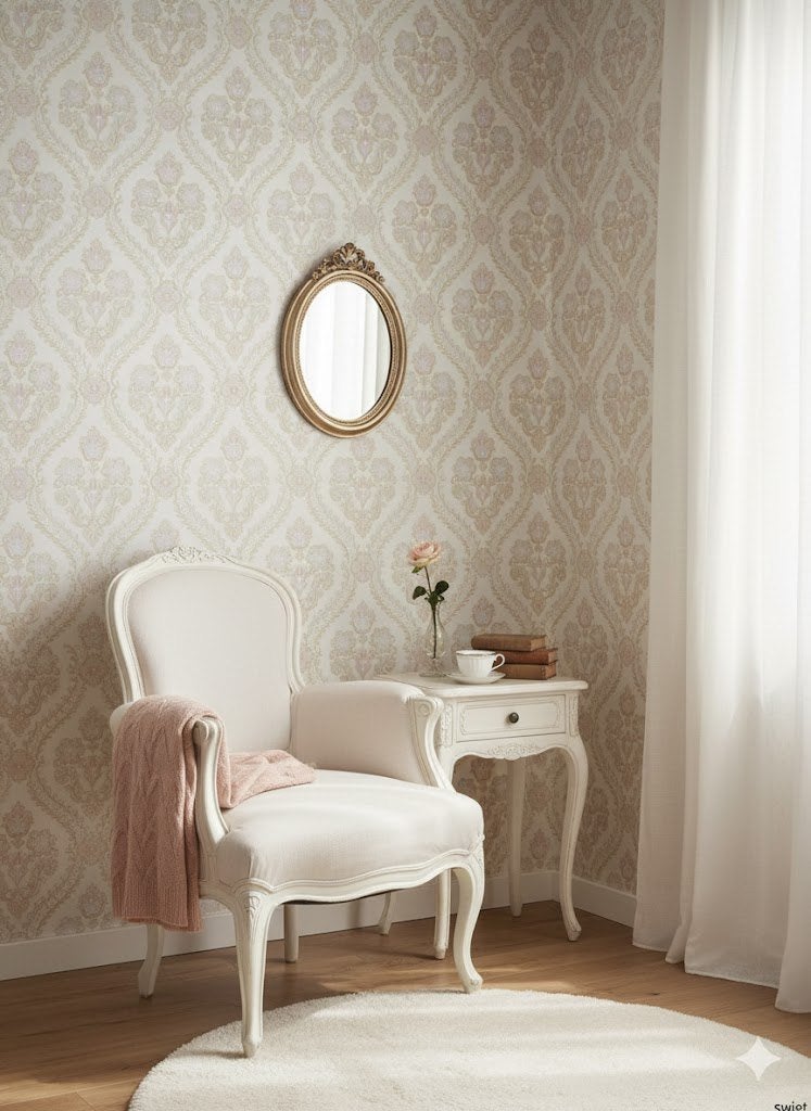 7055 zacht pastel barok behang met rustige vintage sfeer, Ophalen of Verzenden