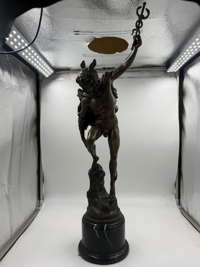 Groot gegoten bronzen beeld Mercurius Hermes – sokkel, Antiek en Kunst, Ophalen of Verzenden, Brons