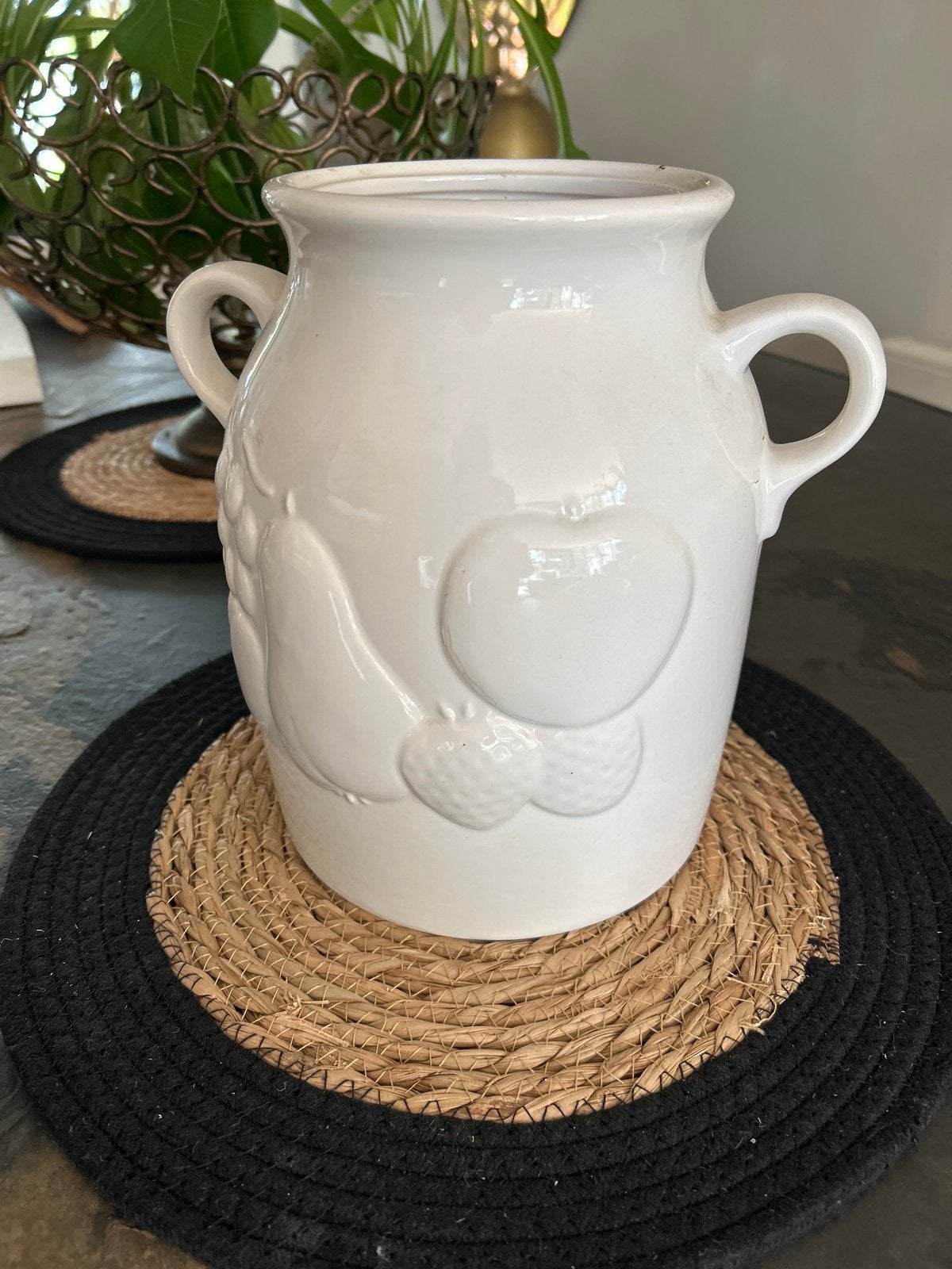 Vintage Witte Keukenpot met Fruitreliëf - 'FRUIT TOP', Ophalen, Gebruikt, Keramiek, Overige typen