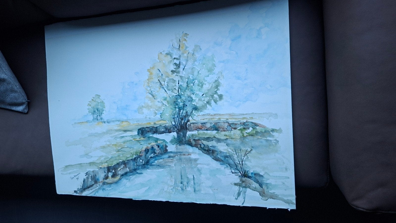 Schilderij Landschap met water en boom, Antiek en Kunst, Ophalen of Verzenden