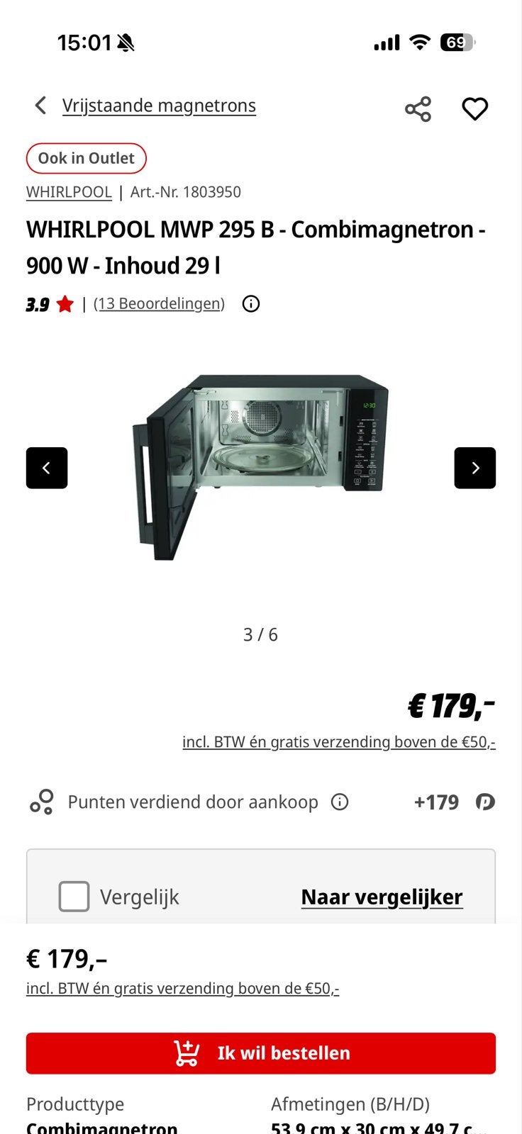 Whirlpool MWP 295 B Combimagnetron 29L - Zo goed als nieuw, Ophalen, Combimagnetron, Grill, Zo goed als nieuw