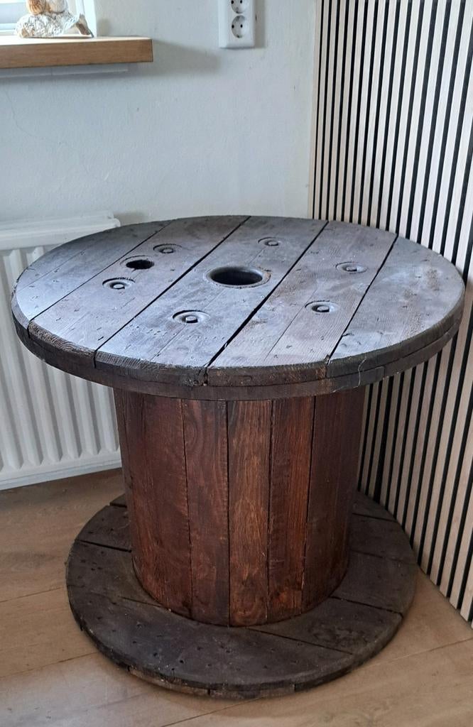Unieke houten kabelhaspel tafel - Industrieel design, Huis en Inrichting, Gebruikt, 75 cm of meer, Rond, Ophalen of Verzenden