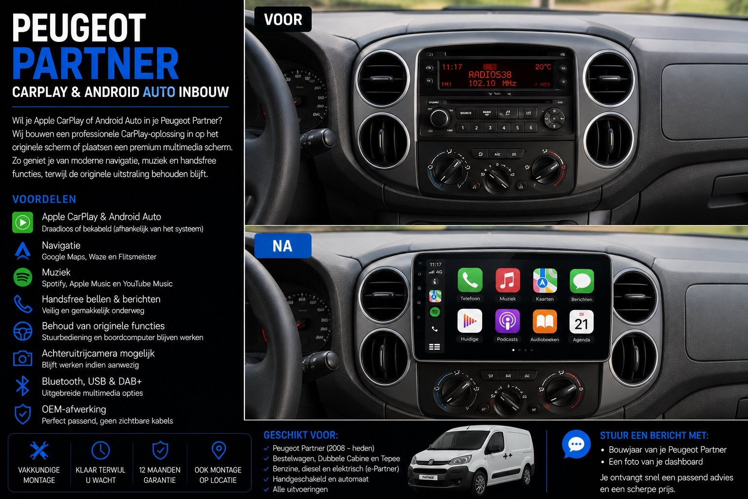 Peugeot Partner CarPlay & Android Auto Inbouw, Auto diversen, Autoradio's, Ophalen, Nieuw