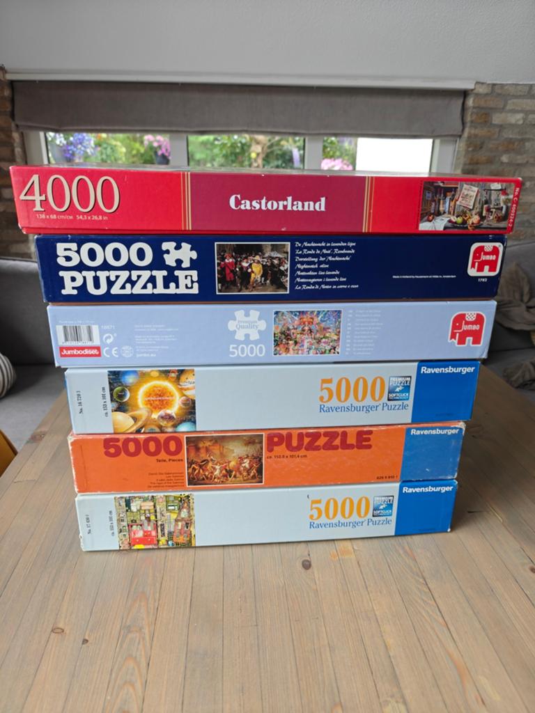 6 grote puzzels: 1x 4000 en 5 x 5000 stukjes, Ophalen of Verzenden, Meer dan 1500 stukjes, Zo goed als nieuw, Legpuzzel