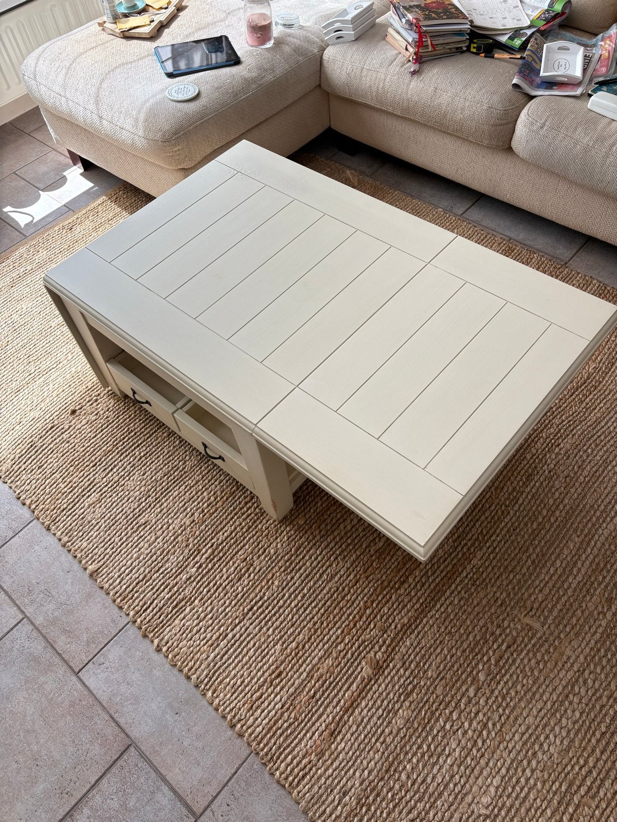 Rivièra Maison.Crèmekleurige salontafel met uitklapbaar blad, Ophalen, Gebruikt, 100 tot 150 cm, 150 tot 200 cm