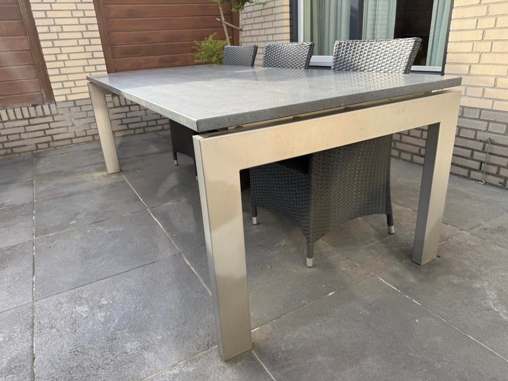RVS tuintafel met Belgisch hardstenen blad (220x100 cm), Ophalen, Zo goed als nieuw, X, Rechthoekig