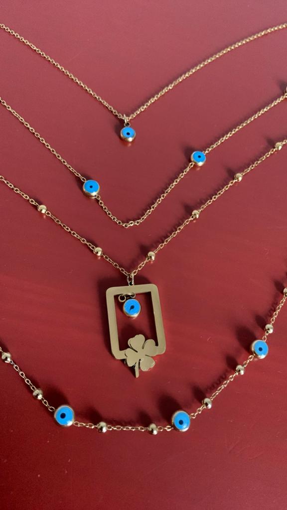 ketting met klavertje vier en boze oog bedels, Ophalen of Verzenden, Zo goed als nieuw, Goud, Overige materialen