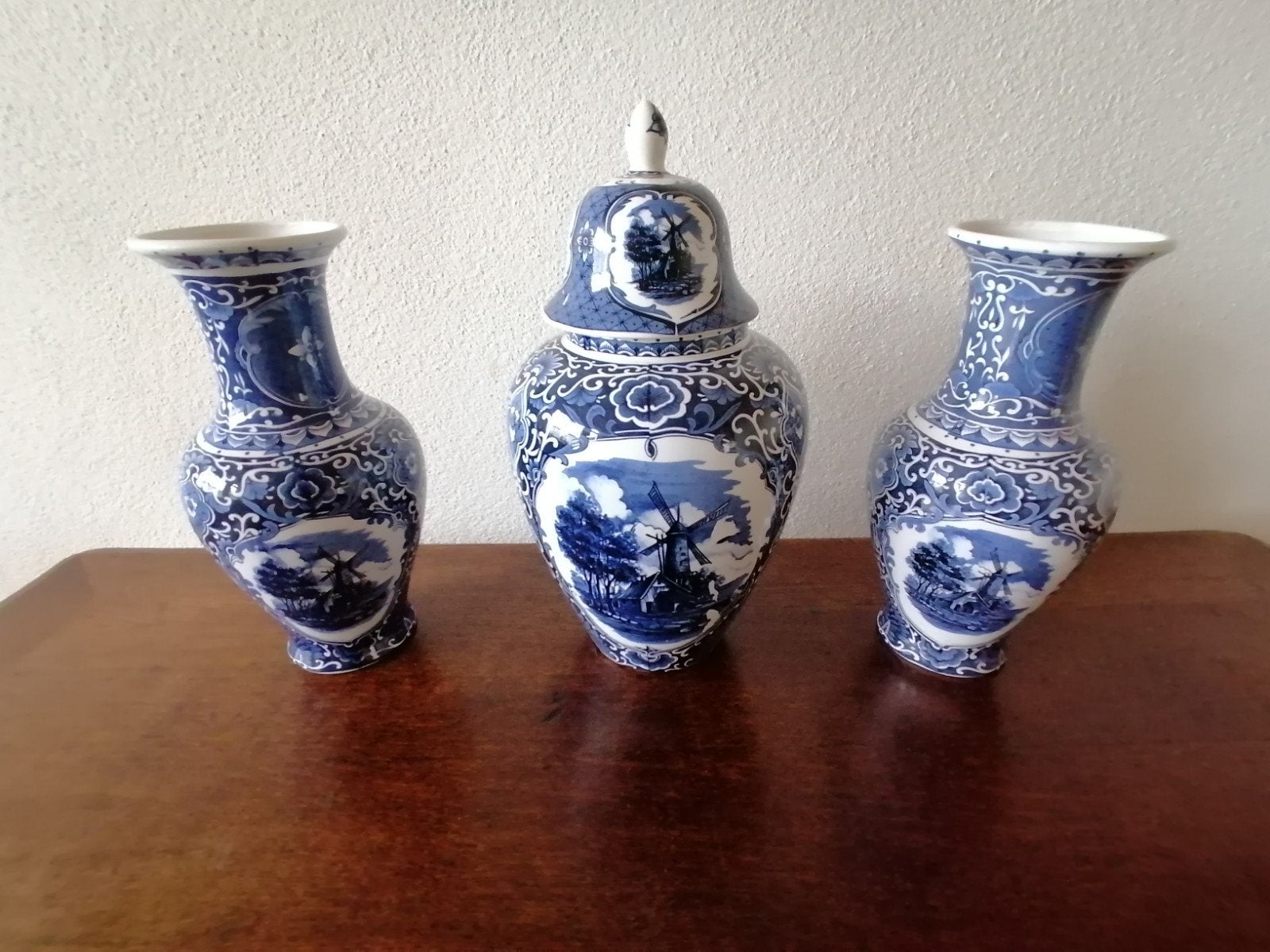 Delfts Blauw Vazen Set - Holland Molen Decoratie, Antiek en Kunst, Ophalen