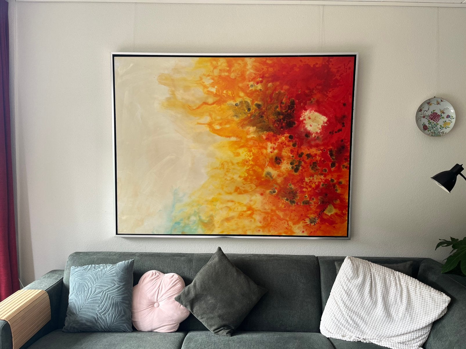 Abstract schilderij met  rood, oranje en gele tinten 130x170, Ophalen