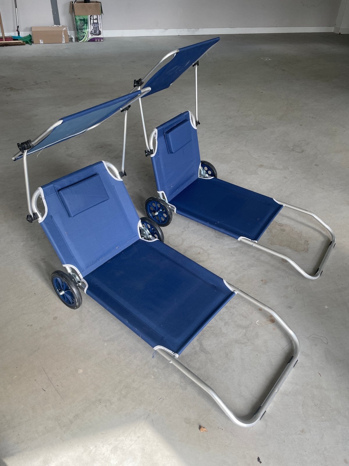 2x Strandstoel met wielen en zonnescherm - Blauw, Ophalen, Nieuw, Metaal, Verrijdbaar